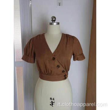 Top marrone con scollo a V da donna di vendita calda